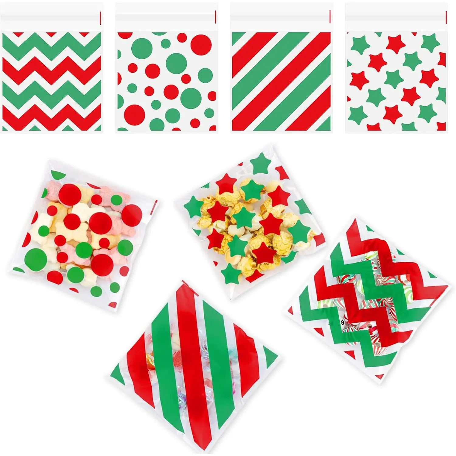 Red Green Cellophane  Bags, 100 count Cookie Bags with Seal, Plastic Polka Dot Stripes Self Sealing Candy  Goodie Snack Bag for Birthday Christmas Holiday Party Favor Supplies, 3.9 X 4.7 IN