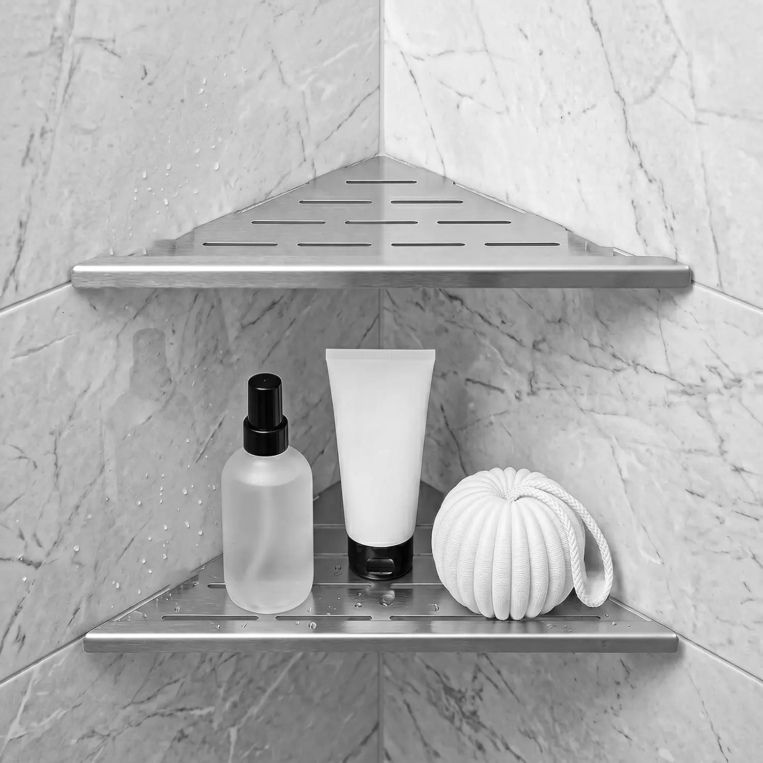 2 Pack Corner Shower Shelf 10 Inch 304 Stainless Steel Shower Corner Shelf for Inside Showers Slot Design Recessed Shelves Bathroom No Drill Tiled Wall