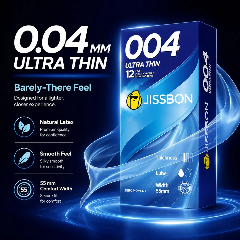 JISSBON Men's Condoms, 0.04MM Ultra-Thin, Hyaluronic Acid Lubricated, 55mm Large Size, Skinfit Natural Latex, Smooth, 12 Pcs
