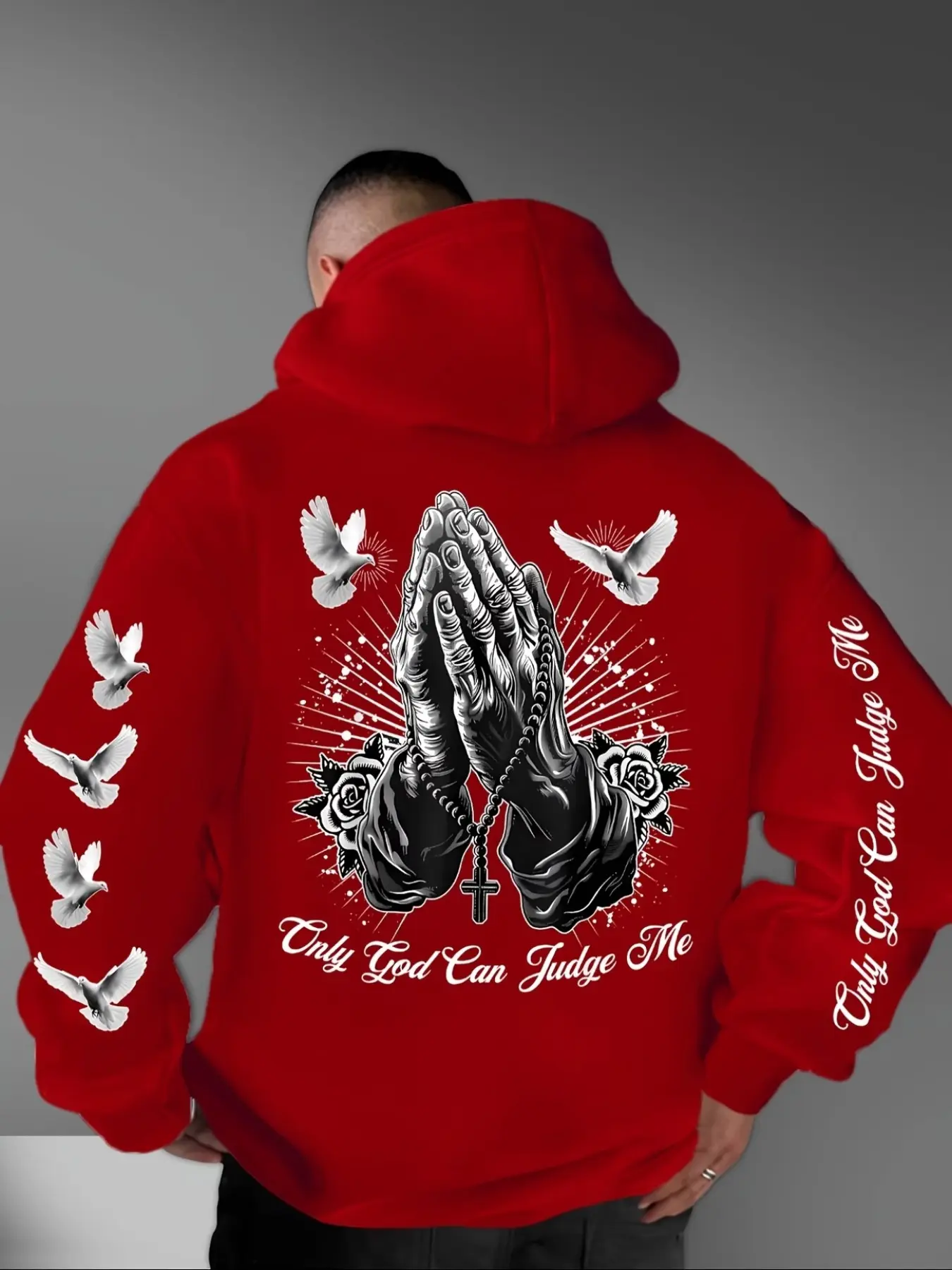 【Black Friday】Men's Fall/Winter Prayer Hands and Dove Graphic Hoodie, Relaxed-Fit Casual Pullover with Front, Back, and Sleeve Prints, Unlined Sweatshirt