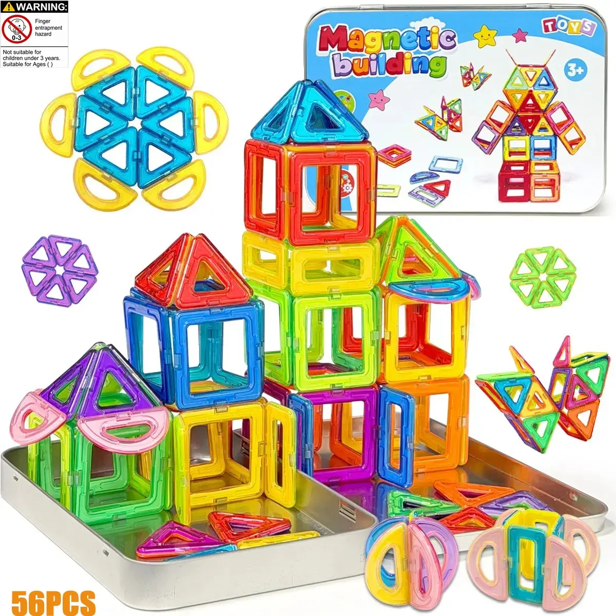 56pcs Mini Magnetic Tiles Toddler Travel Toys, Magnetic Tile Set, Magnetic Building Blocks for Kids, Montessori Sensory Toys for 3-6 Year Olds, Birthday Gifts