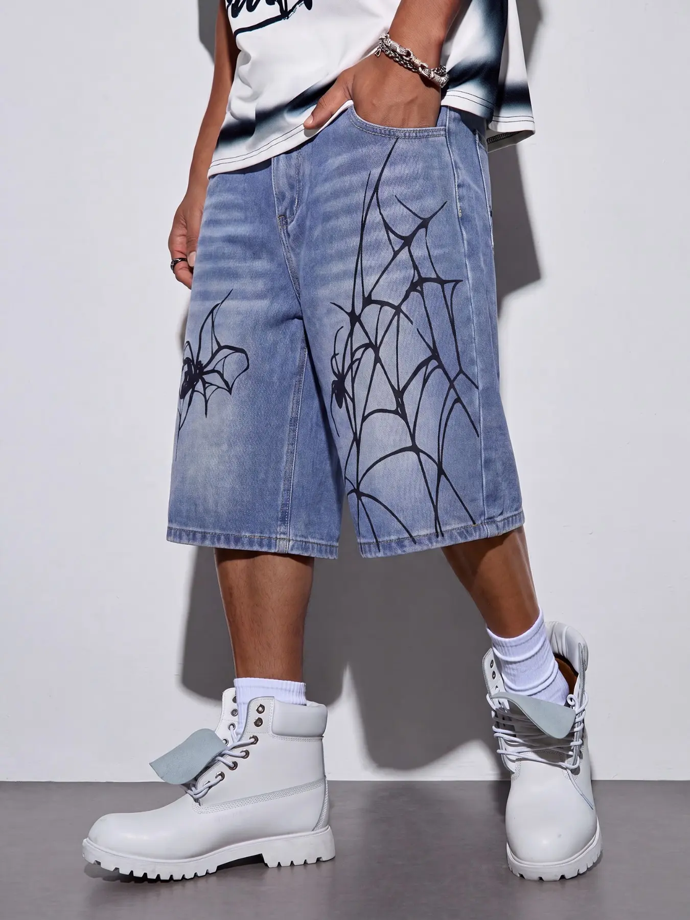 Men's Vintage Denim Shorts, Spider Web Print Design, Washed Denim Texture, Ideal For Urban Daily Outfits, Denim Clothing