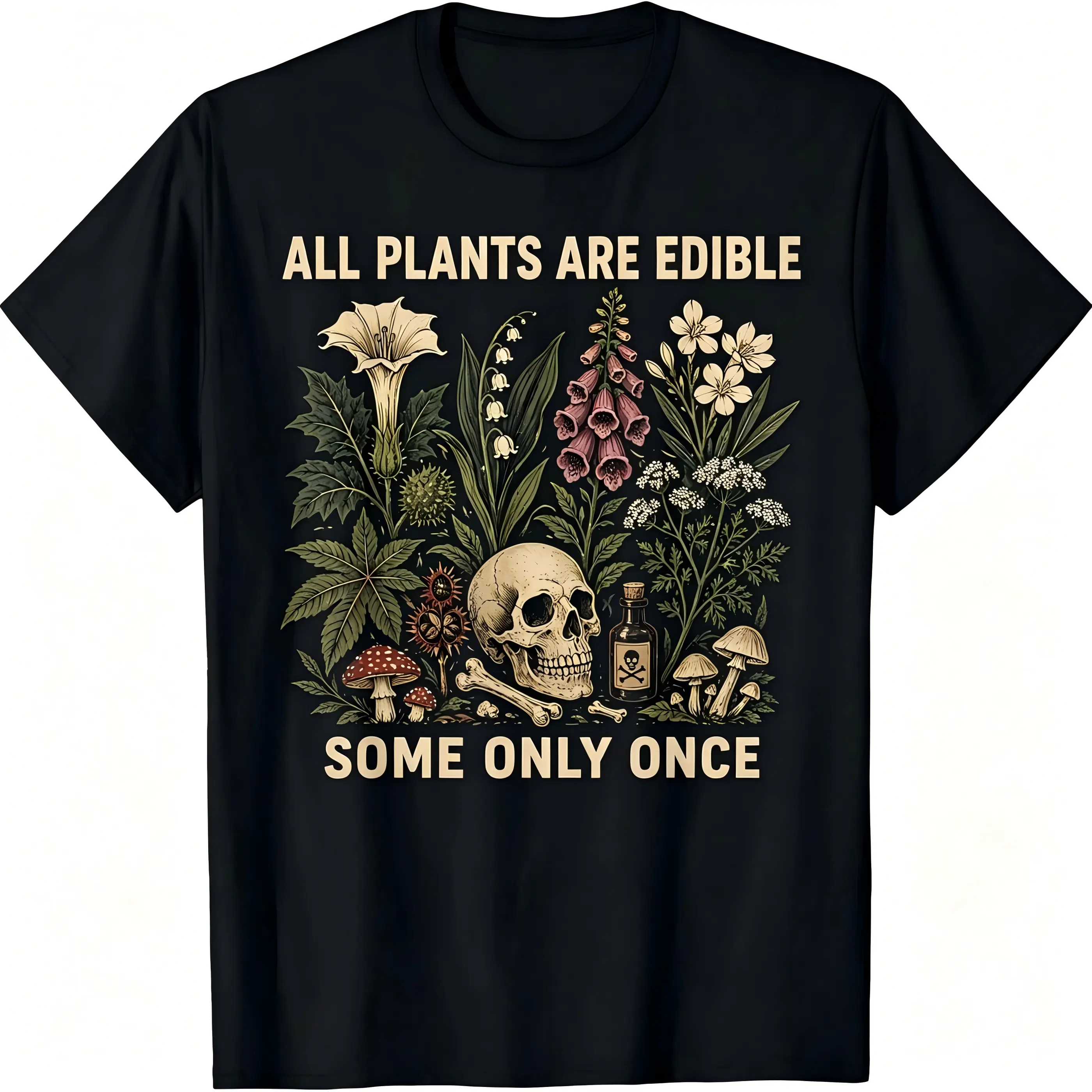 Unisex Classic Streetwear Vintage Skull Mushroom Botanical T-Shirt - Men's & Women's Top, Funny Foraging Gardener Humor, Soft Breathable Cotton Crew Neck, All-Season Casual Tee, Great Plant Lover Gift, Machine Washable, Tshirt, Shortsleeve, Round Neck, Me