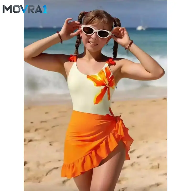 MOVRA1 Tween Girls Floral Printed 1pc Swimsuit, Elevated Style Holiday & Beach Tween Girl Swimsuit Swimsuit Swimsuits Tweens Tween Girl Ruffle Swimsuit Tween Swimwear with Sarong Beach Dress kids loungewear