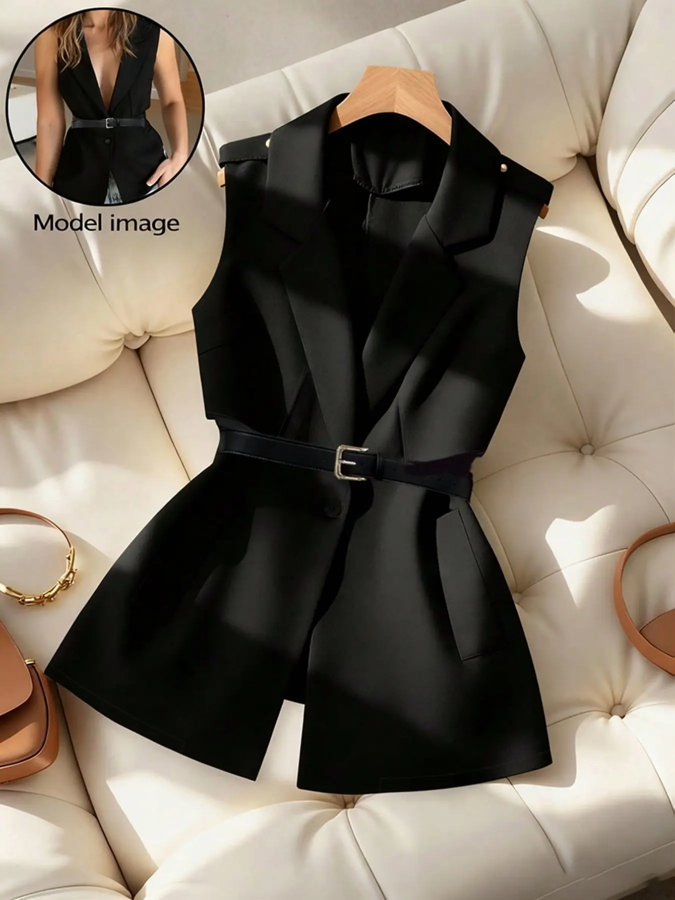 Women's Lapel Sleeveless Blazer Vest, Single Button Pocket Waist Cinch, Chic Elegant Office Formal Jacket, Slim Fit Businesswear
