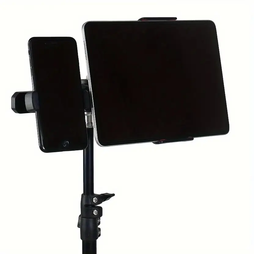 Dual Device Stand with Tripod, Adjustable Height, 360° Rotatable, Compatible with 10.16-30.48cm Devices, Ideal for Live Streaming, Vlogging
