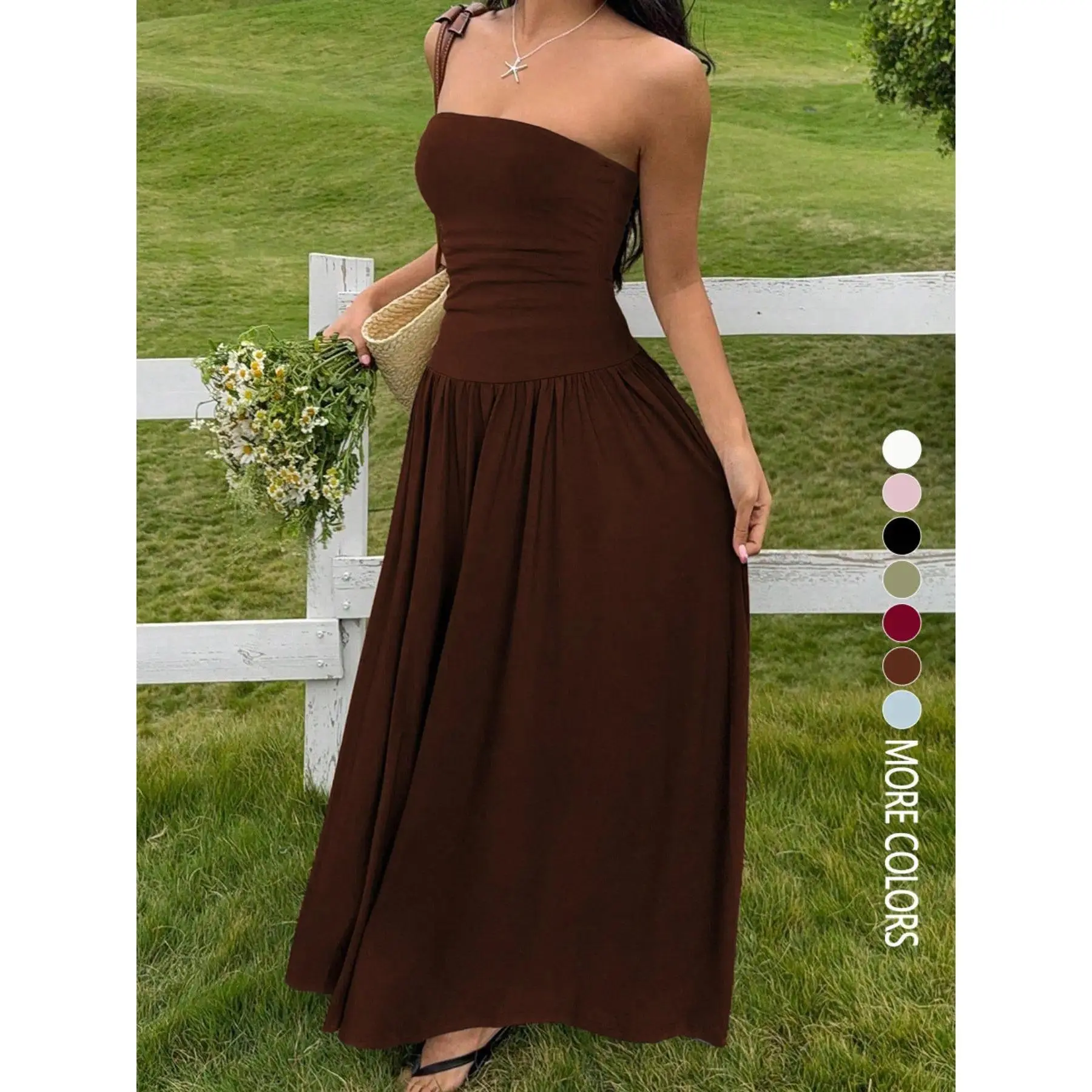 Women Beach Vacation Formal Maxi Dress, Solid Strapless Design with Waist Ruched Detail, Flowy Long Elegant Dress for Party and Daily Casual Outings