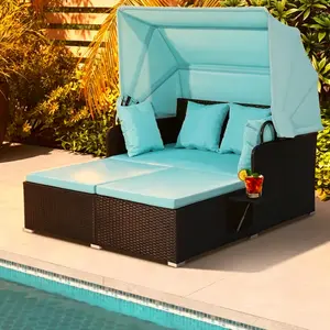 Outdoor Daybed, 2-Person Wicker Chaise Lounge with Retractable Canopy, Cushions & Pillows, 2 Side Trays, Patio Double Sofa PE Rattan Sunbed Lounger for Deck Poolside Garden Balcony