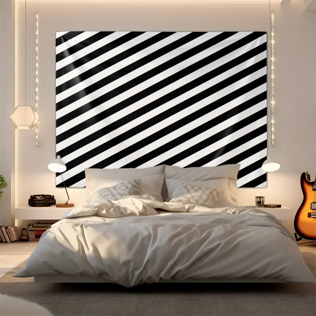 Black & White Diagonal Stripe Tapestry, Minimalist Modern Light Luxury Wall Hanging, HD Digital Print, Easy to Hang, Ideal Wall Decor for Bedroom, Rental House, Apartment, Homestay & Hotel