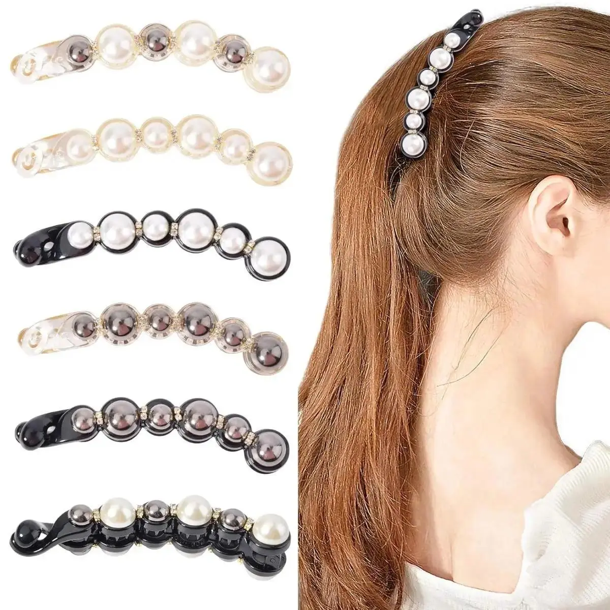 6 PCS Pearl Rhinestone Hair Clips, Stylish Plastic Banana Clips for Women, Strong Hold Ponytail Holder for Medium Hair, Cute Hair Clips, Bananaclip