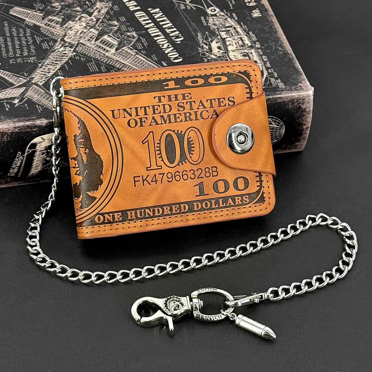 Biker US Dollar Bill Wallet Credit Card Short Bifold Purse for Men With Chain