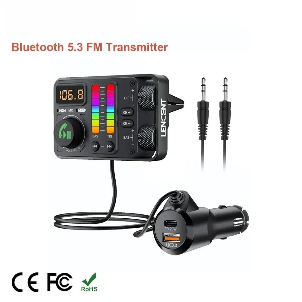 Bluetooth 5.3 Car FM Transmitter, Hi-Fi Treble & Bass Music Player, PD20W QC18W Fast Car Charger, Radio Bluetooth Car Ad
