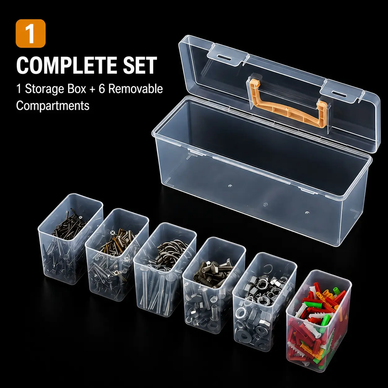 Complete Hardware Storage Box Set, Clear Tool Organizer with 6 Removable Compartments, Portable Screw Nut Bolt Parts Storage Case for Nails, Anchors, Small Accessories, Garage, Workshop and Home Repair