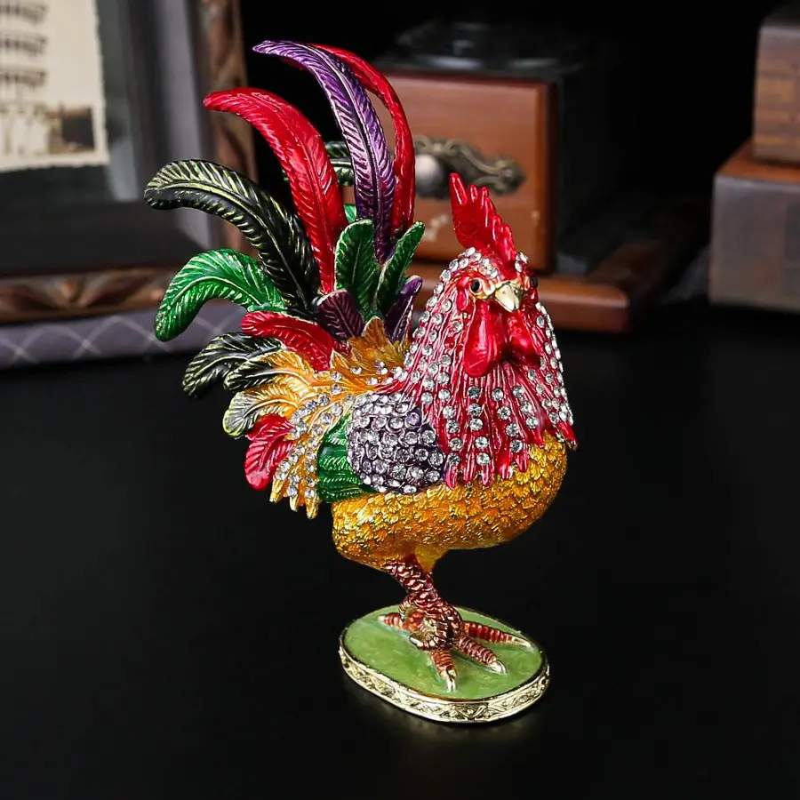 Elegant Rhinestone Detailing High Heel Rooster Jewelry Box Storage, Ideal for Small Accessories & Rings, Unique Desktop Decoration, Trendy Lucky Energy Souvenir