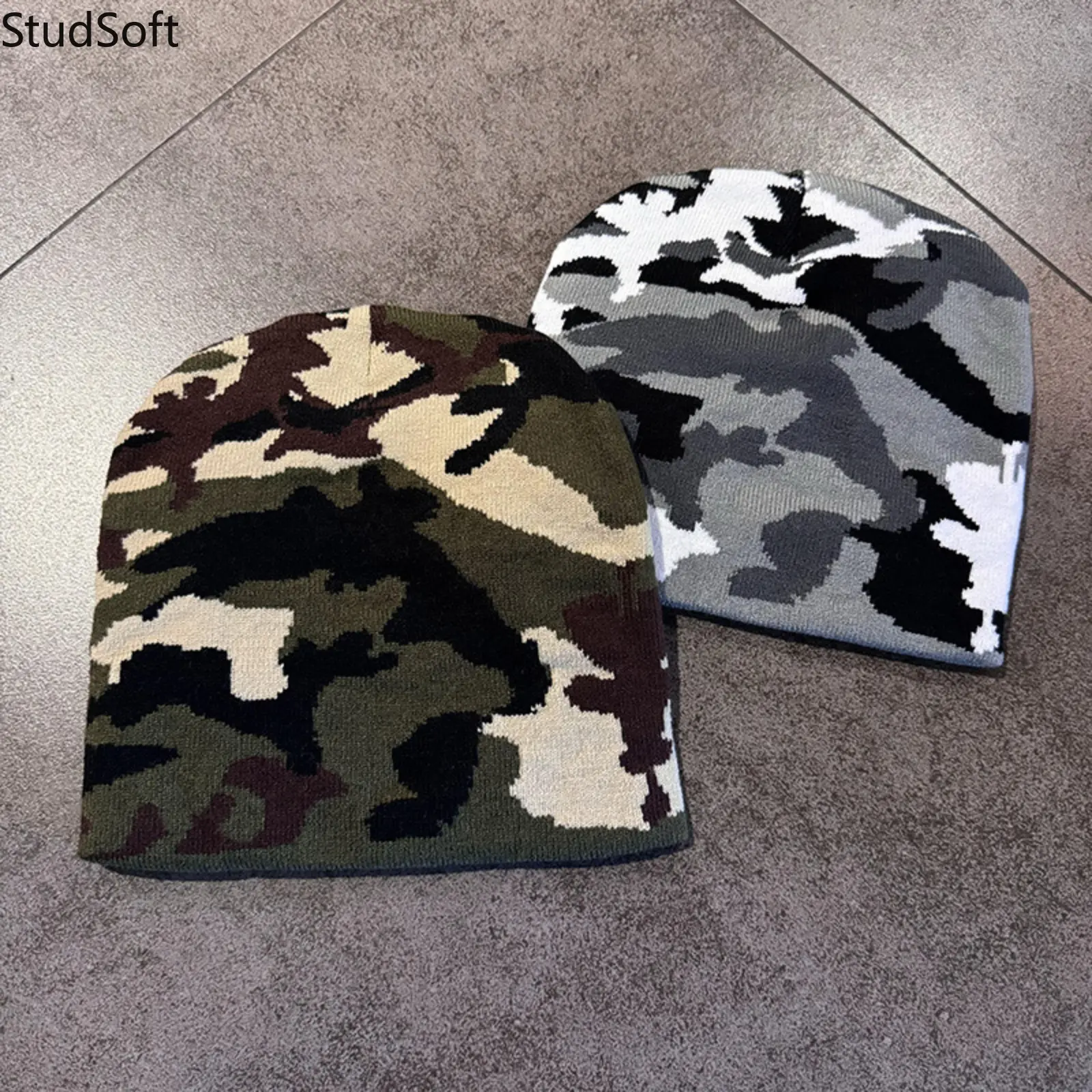 Unisex Tactical Camo Knitted Fabric Beanie Hat, Woodland Camouflage Skullcap, Warm Winter Outdoor Wear for Men Women, Multi-Color (Hunting, Streetwear Use)