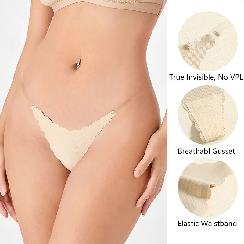 Women Ice Silk Invisible T-Back Panties, Thin Clear Strap No Ride-Up Wave Trim Low Waist Seamless One-Piece Workout Underwear