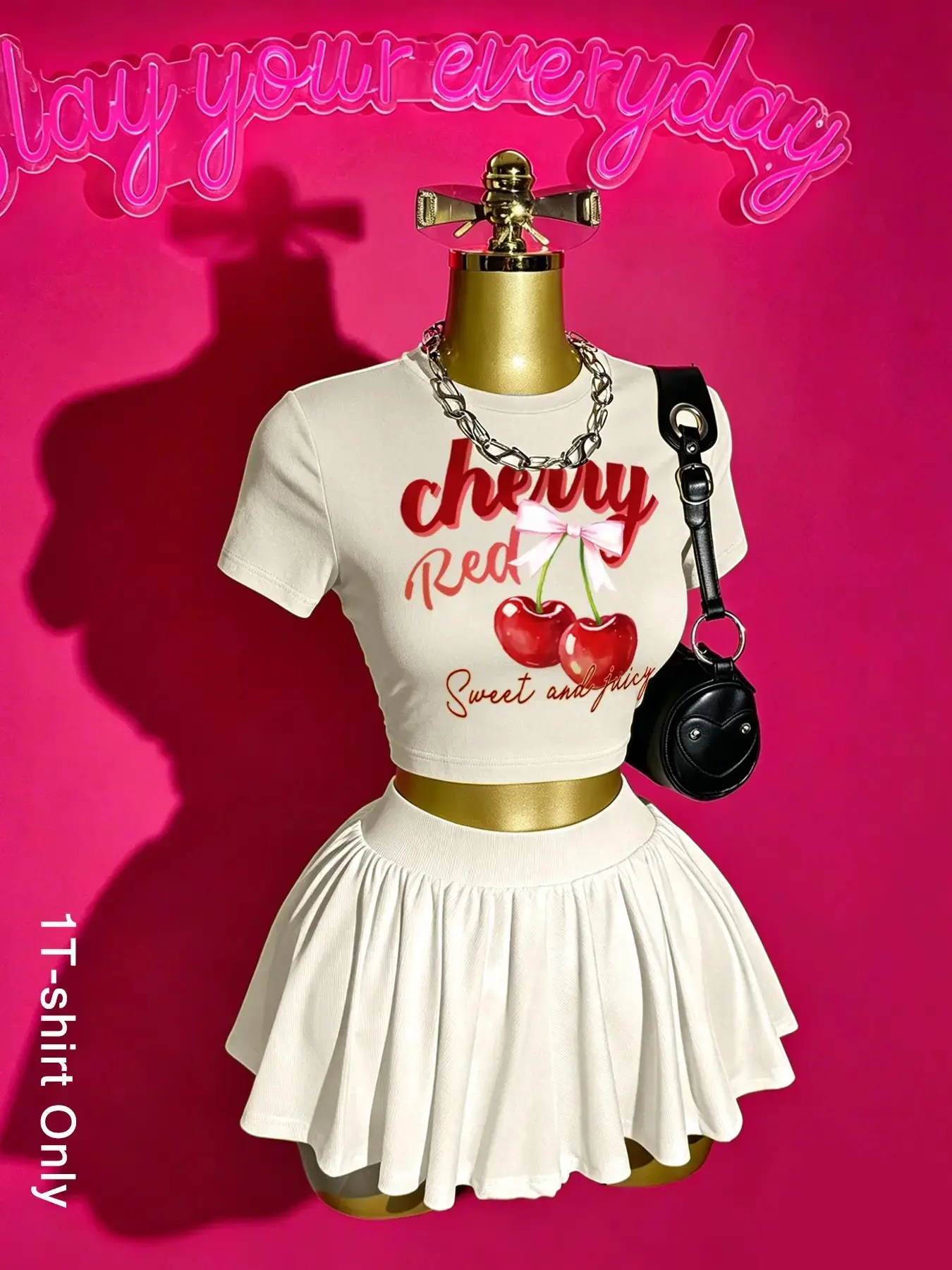 American Retro Y2K Casual Style Cherry Print Short T-Shirt, Summer Slimming Crop Top, Streetwear Loose-Fit Tee for Women