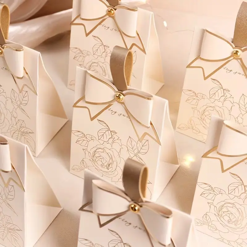 10/20pcs Champagne Golden Silvery-Stamped Floral Chocolate Candy Gift Boxes with Bows, Faux Leather Carry-Top Gift Boxes, Birthday Gift Boxes, for Weddings/Anniversaries/Holiday Party Supplies