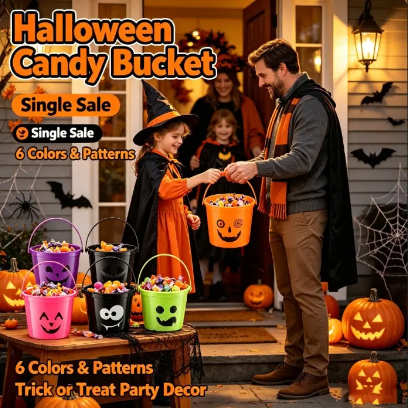 Halloween Candy Storage Bucket, Multi-Design Smiley Ghost And Pumpkin Faces Plastic Handheld Bucket, Party Decoration Trick-Or-Treat Prop, 6 Colors Ghost Pumpkin Bucket with Handle