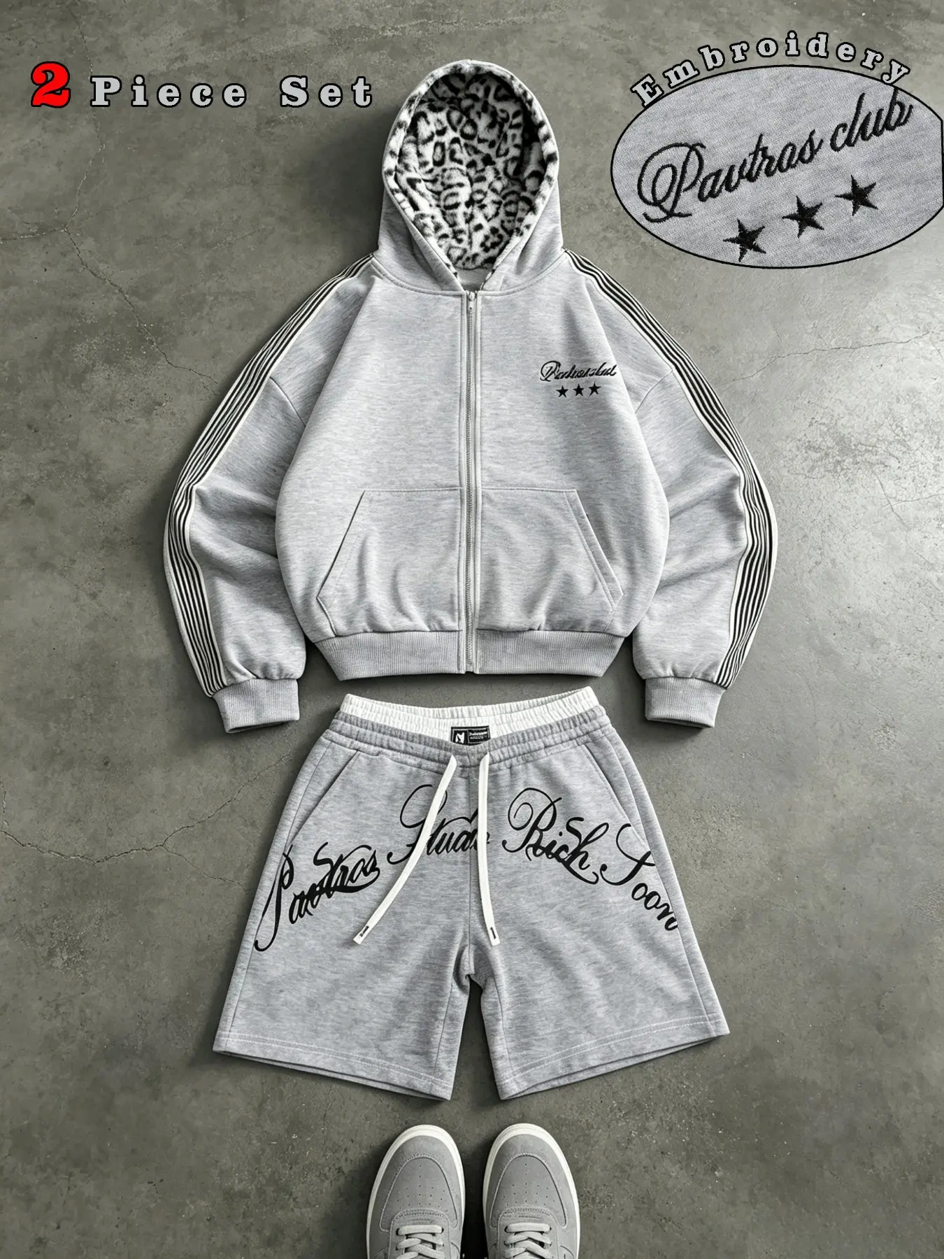 Men's Leopard Print Hoodie and Shorts Set, Embroidery, Side Stripes, Zipper Jacket, High Waist Drawstring Pants, Y2K Streetwear, Casual Fitness