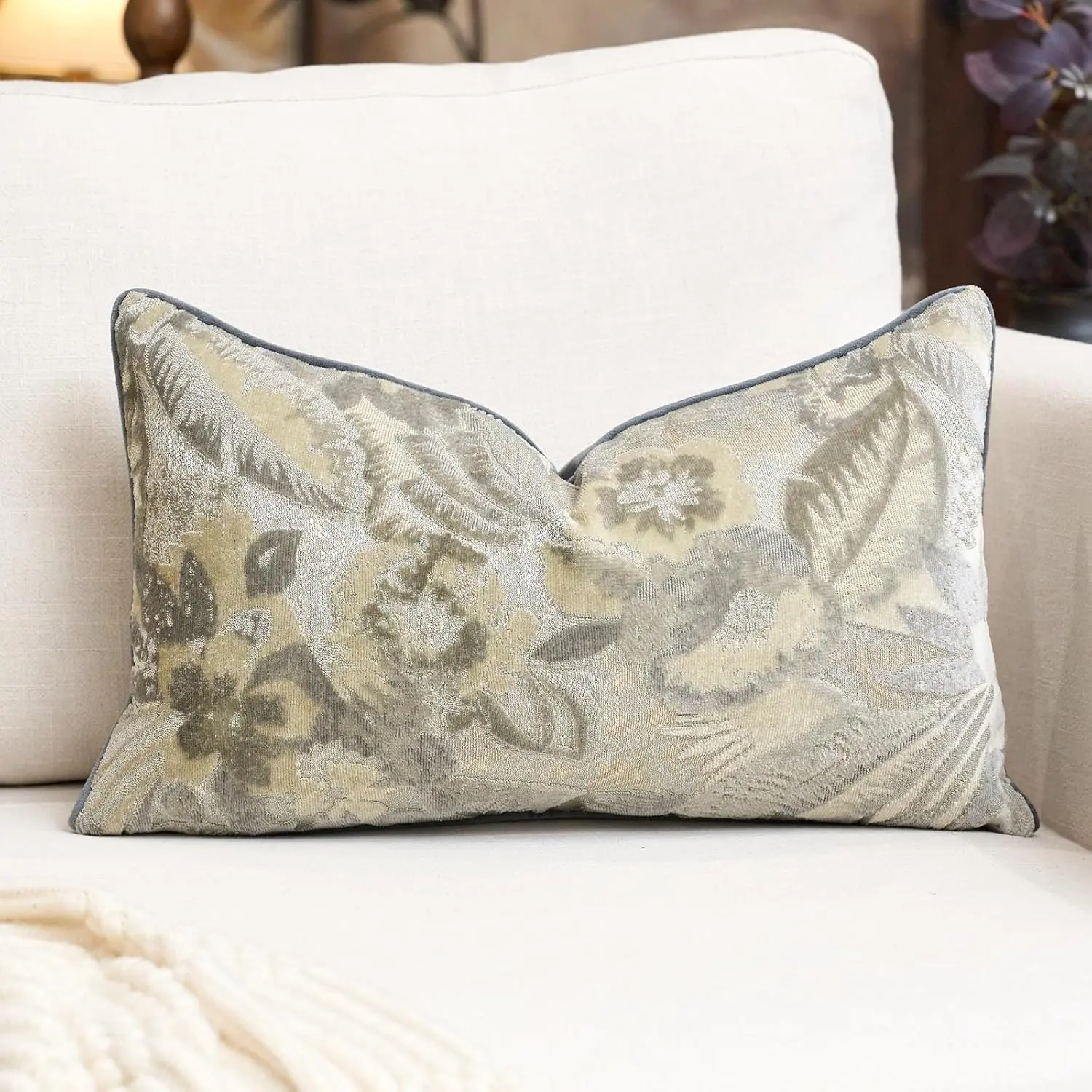 Gray Neutral Floral Pillow Cover 12 x 20 Inch,  Cut  Rectangle Couch Throw Pillow Cover Soft Decorative  Accent Pillowcase for Living Room Bedroom