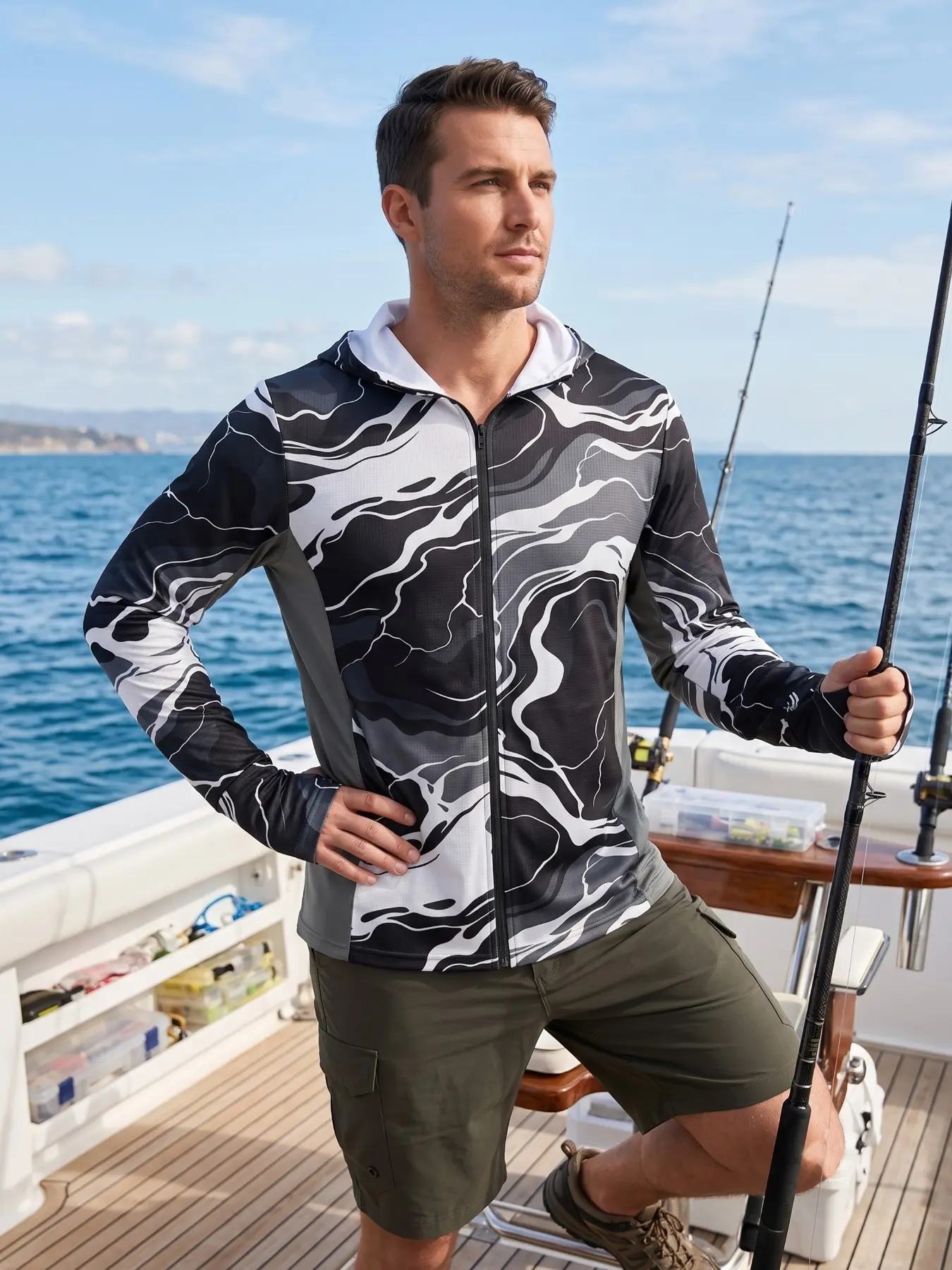 Men's Long Sleeve Sun-Suit Jacket, Abstract Splash Texture, Lightweight Quick-Dry, UV Protection, Ideal for Coastal Fishing & Outdoor Activities