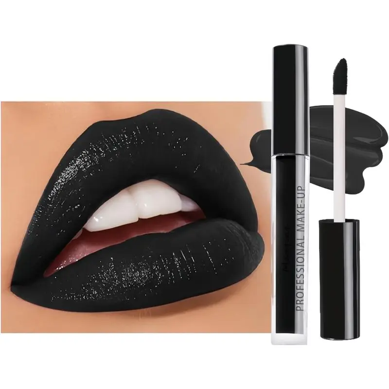 Liquid Lipstick Lip Gloss, Black Long Lasting Matte Liquid Lipstick, Highly Pigmented Waterproof Black Lipgloss for Halloween Cosplay, Vegan and Cruelty-Free