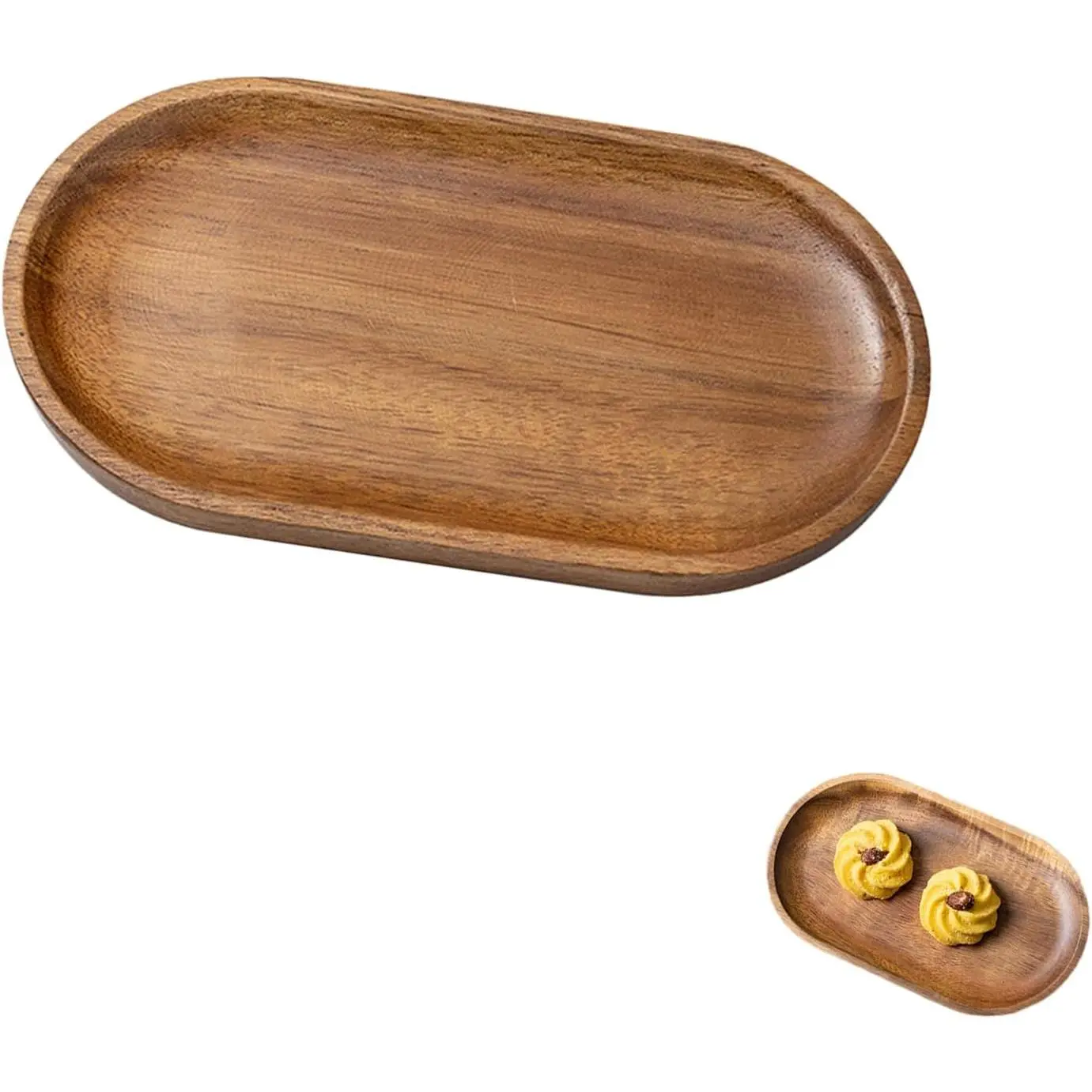 Small Wooden Tray, Oval  Serving Trays, Acacia  Platter for Coffee Tables, Dessert, Snack, Fruit, Bathroom Tray Charcuterie Board for  Decor (S)