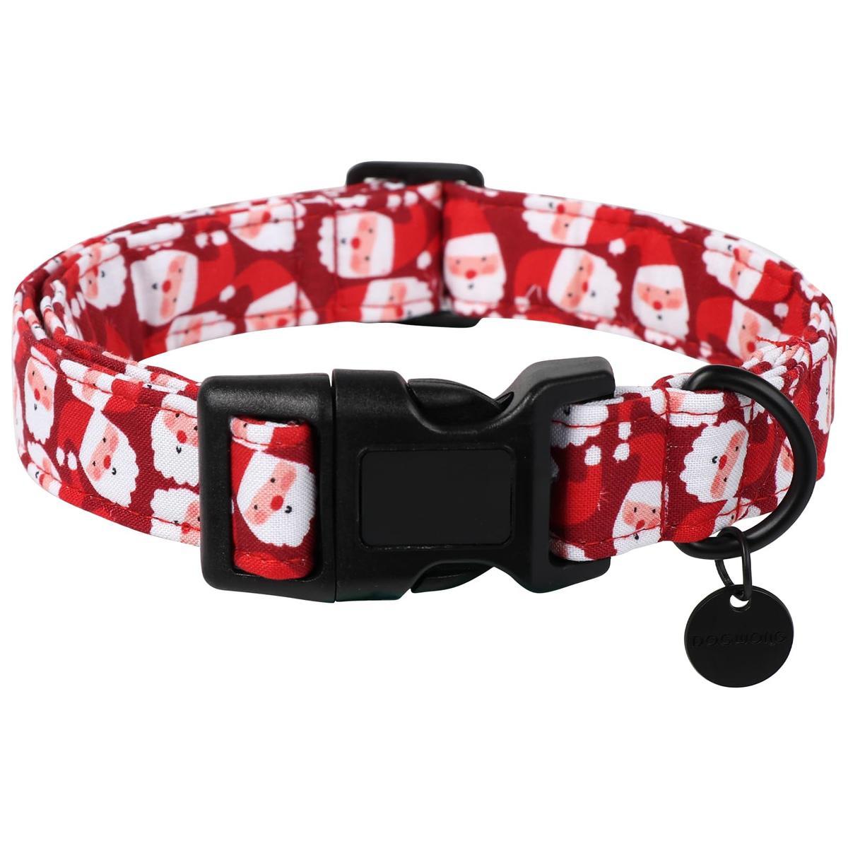 Christmas Cotton Dog Collar Red Santa Claus Design Durable Holiday Pet Collars for Medium Large Dogs with Quick-Release Buckle and D-Ring - Harnesses