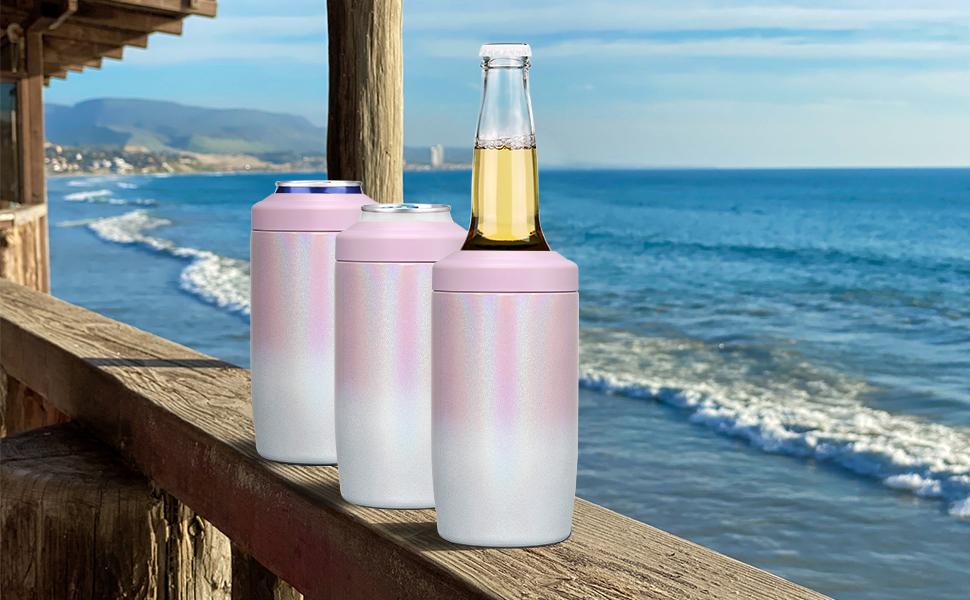 AGS MAXSO Slim Can Cooler, 4-in-1 Double Walled Stainless Steel Insulated Beer Can Holder, Works With All 12 Oz Cans,Bottles & As A Pint Cups - Gradual Pink White