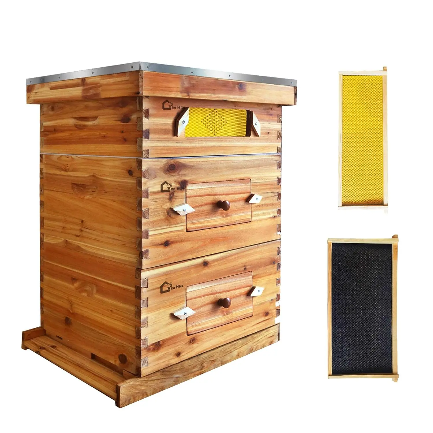 10-Frame Complete Bee Hives and Supplies Starter Kit Dipped in 100% Beeswax, Includes 2 Deep Hive Bee Box and 1 Bee Hive Super with Acrylic Window, Beehive Frames and Foundation for Beekeepers