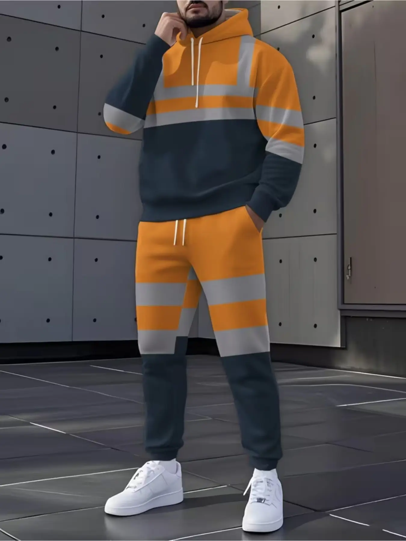 High Visibility Reflective Stripe Sports Set, Unisex Casual Pullover Sweatshirt and Long Pants Two-Piece Set, Fall & Winter Wear, Athleisure Tracksuit