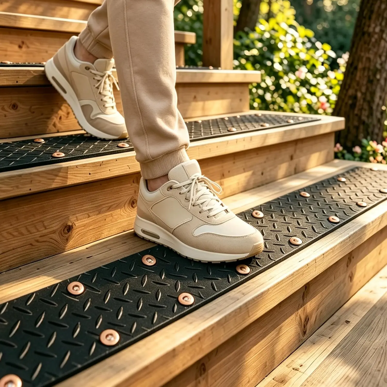 2 Pack Rubber Screw Down Non Slip Stair Treads 31.5"x4",Weatherproof Anti-Slip Step Grips for Outdoor Wooden Steps Porch Yard Walkway, Dogs and People Walk Safely for Rain Snow Ice.