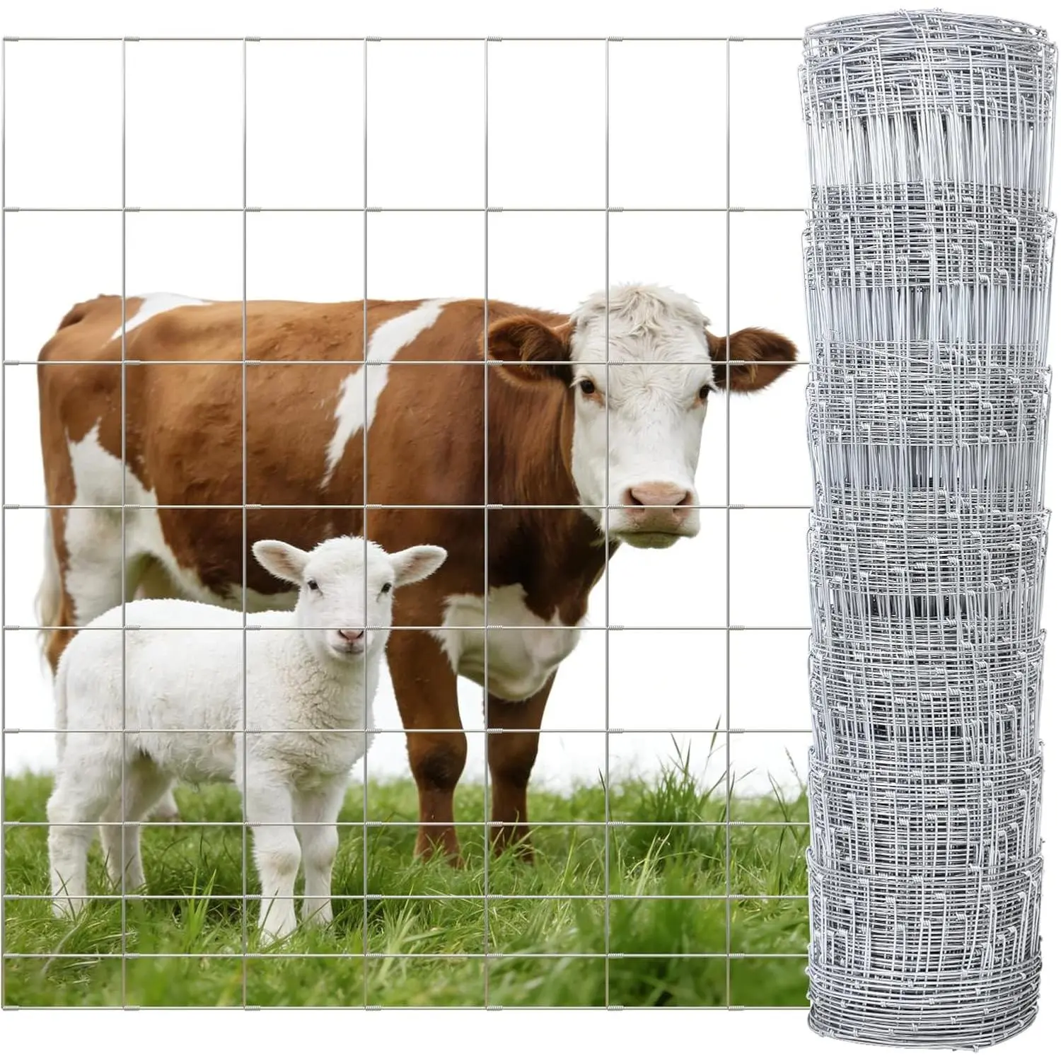 Heavy Duty Galvanized Woven Wire Cattle Panel, 4ft 14-Gauge Fence with 12-Gauge Border, 8in to 3.5in Mesh for Livestock (Goat, Sheep) Agricultural Farm Fencing