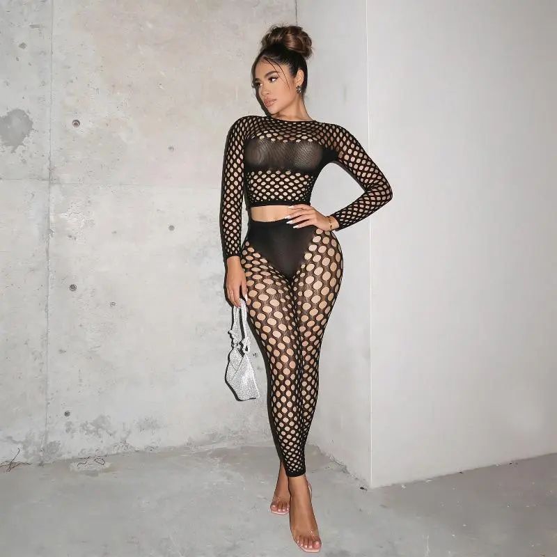 Women's 2-Piece Costume Set - Funky Baroque Longsleeve Mesh Hollow-Out Round Neck Polyester Full Bodysuit Outfit Set, Polyester Clothing, 2-Piece Set