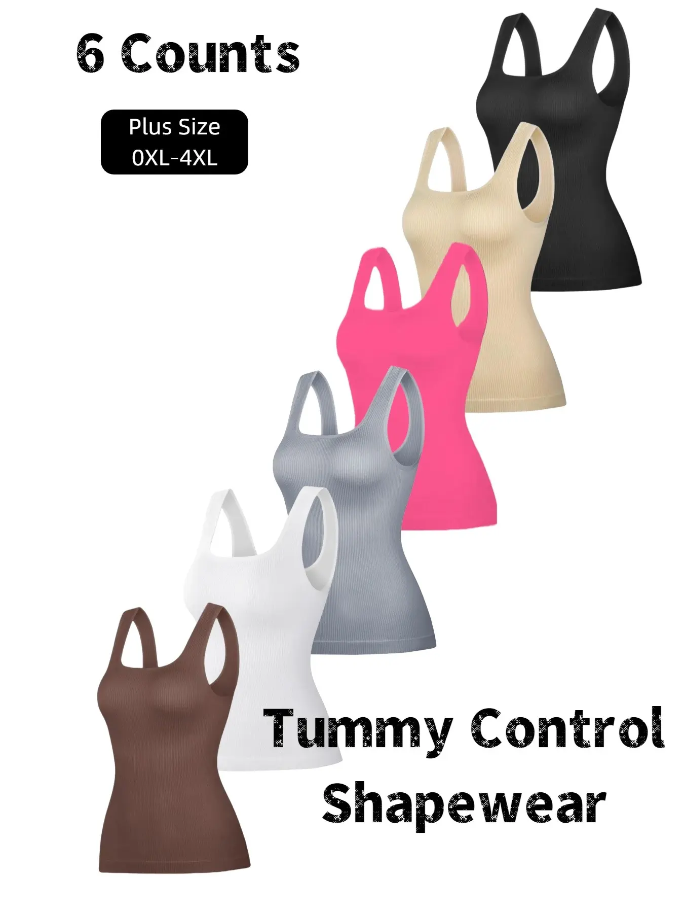 Plus Size Women's Shapewear Basic Tank Top Set, Square Neck Seamless Compression Waist Cincher, Slim Fit Bodycon Upper Garment