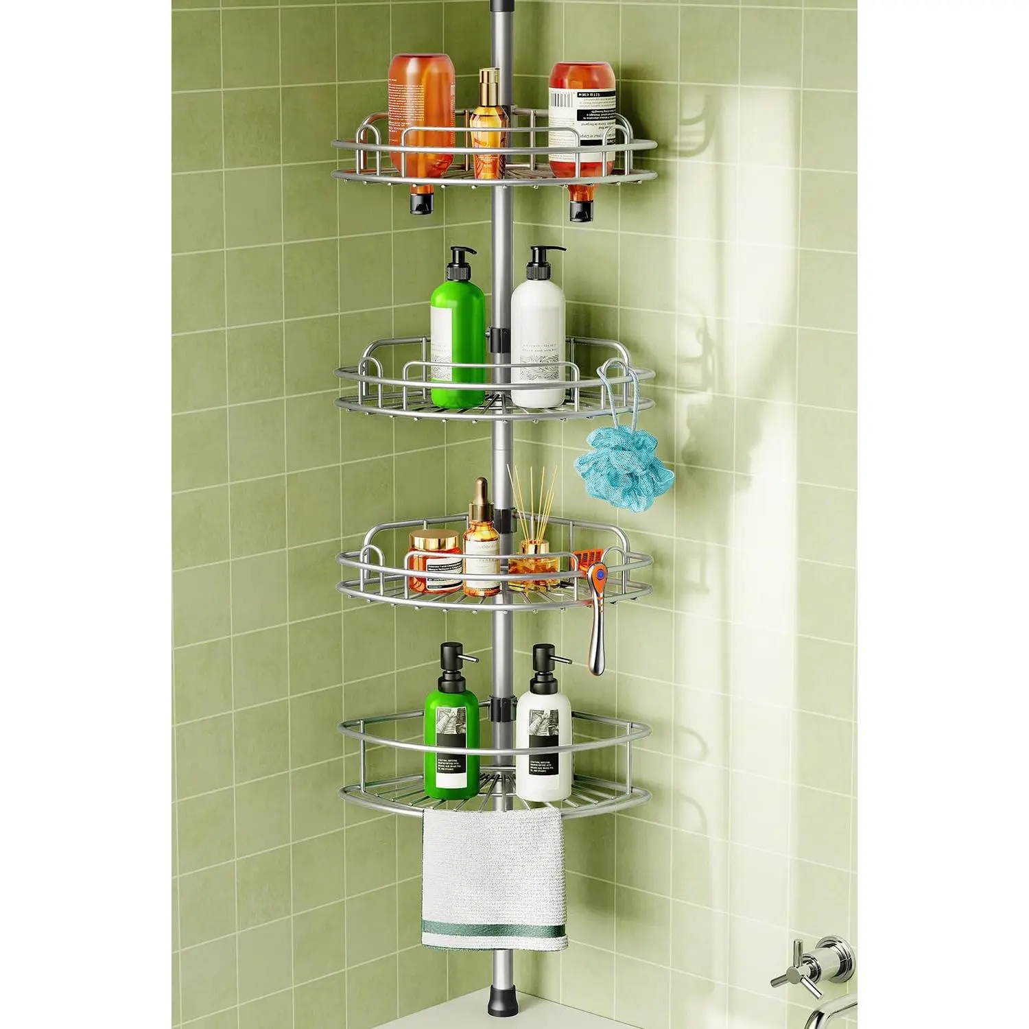 Silver Gray 4-Tier Rust-Proof Telescopic Rod Corner Shower Shelf - 47-121in No-Drill Quick Installation Bathroom Storage Racks - Space-Saving for Renters - Home Supplies, Shelves