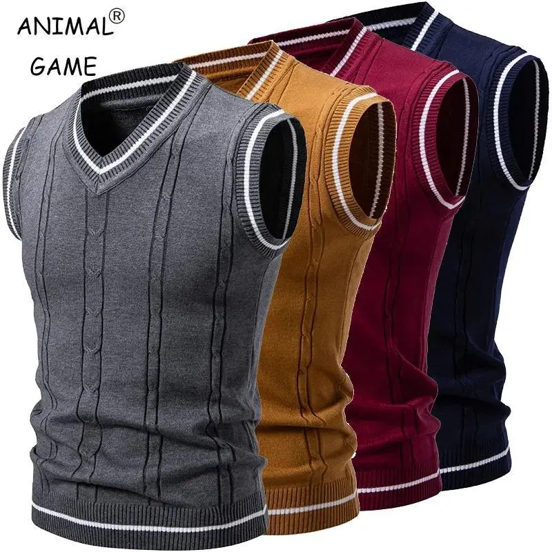 Men's V-Neck Sweater Vest, Slim-Fitting Patchwork Polyester Knit for Athletic Smart Casual Streetwear, Machine Washable, M, Normal Type, Sleeveless, Elegant, Tops, Knitted, All Season, Athleisure Vests, Slim-Fit Cut, Patchwork Trim, Sporty Chic, Medium Le