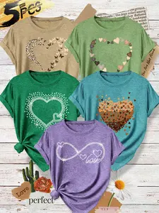 5-Pack Women's Round Neck T-Shirts, Rhinestone Heart Leopard Butterfly Print, Soft Fabric, Casual Summer Tops