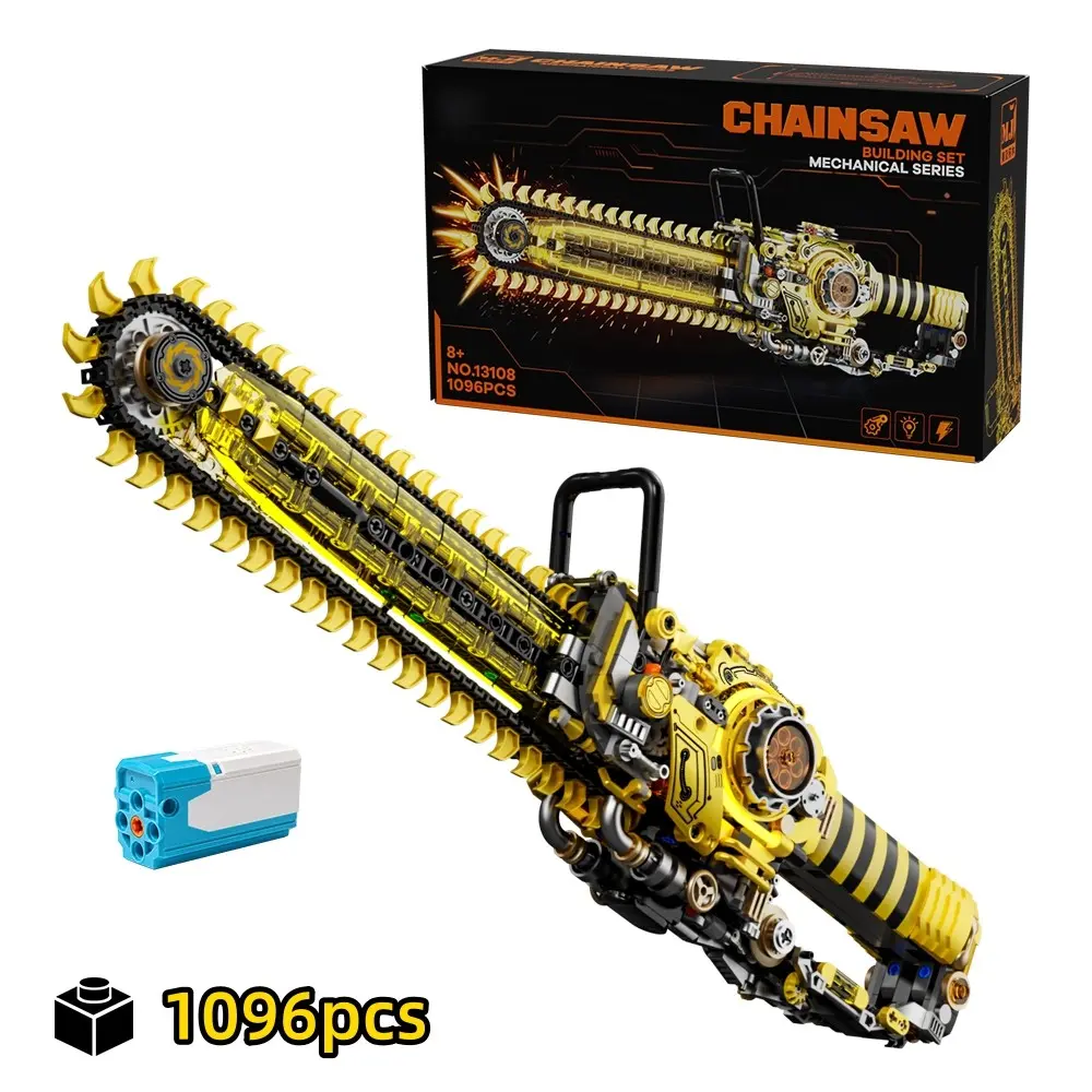 1096PCS Technical Motorized Chainsaw Building Blocks with LED Light, MOC Electric Saw Model Kit, Safe Plastic Cosplay Toy Prop, Cool Summer & Holiday Gift for Men Adults