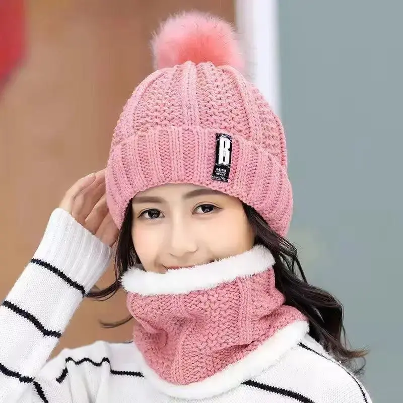 Women's  Pom Pom Knit Beanie & Neck Warmer Set, Thick Fleece Lined Windproof Winter Accessory, Warm Stretch Knitted Hat & Snood For Daily Cold Weather Outdoor Wear