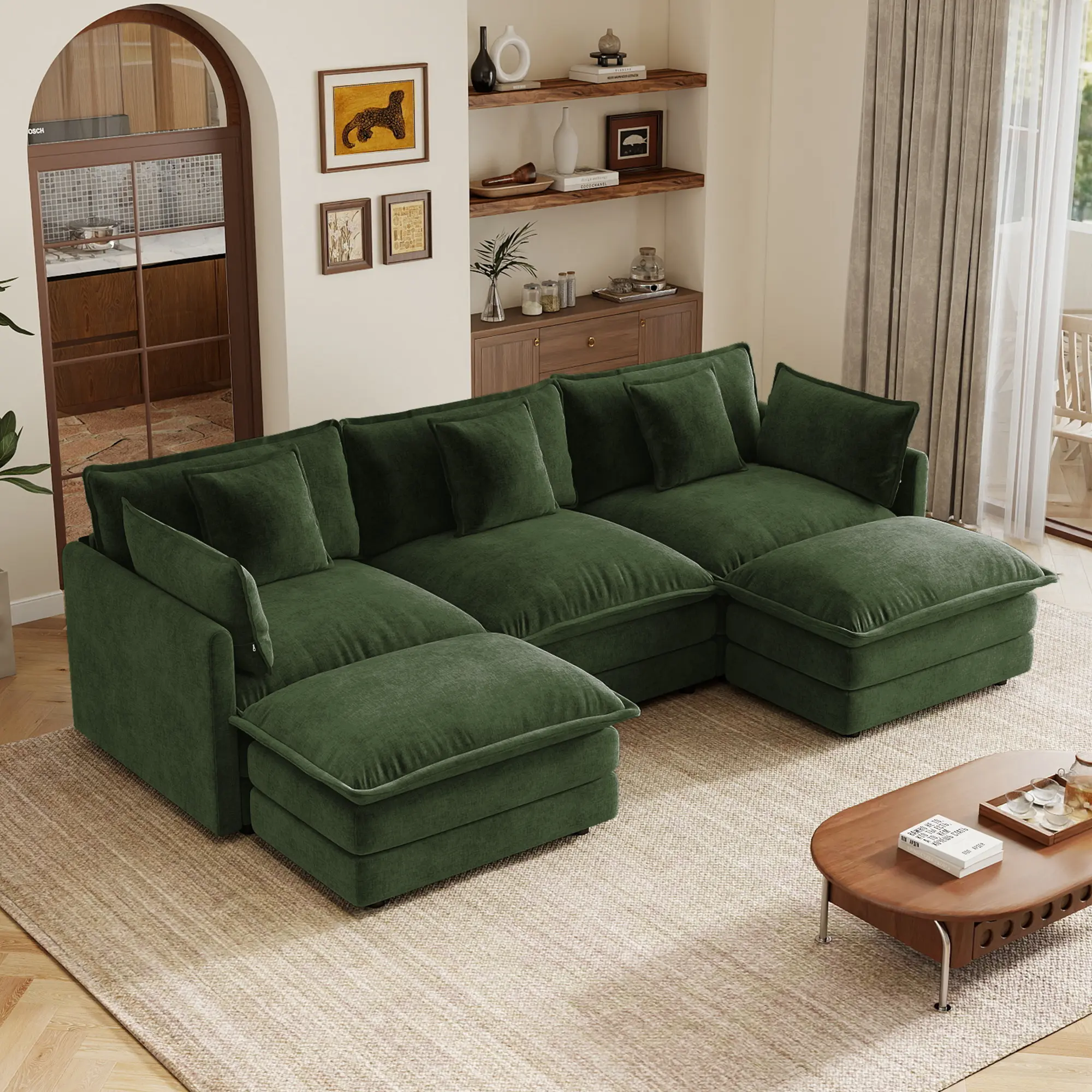 Modern Minimalist Chenille 3-Seat Arch U-Shaped Modular Sectional Sofa Set with 2 Reversible Ottomans, Solid Wood Frame, Green Upholstered Indoor Furniture for Living Room, Modular Sectional Couch, Three Seats
