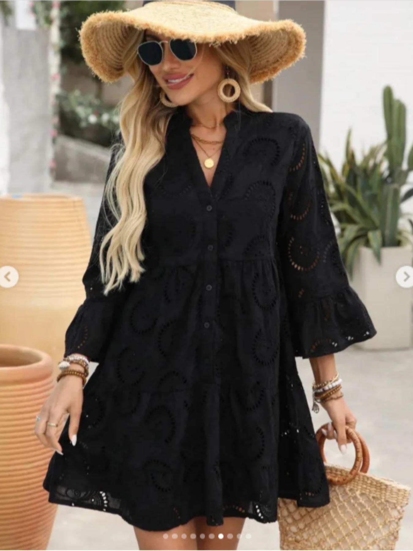 Plain Eyelet Embroidery Notched Neck Long Sleeve Smock Dress, Elegant Flounce Sleeve Button Dress for Vacation Holiday, Women's Clothes for All Seasons