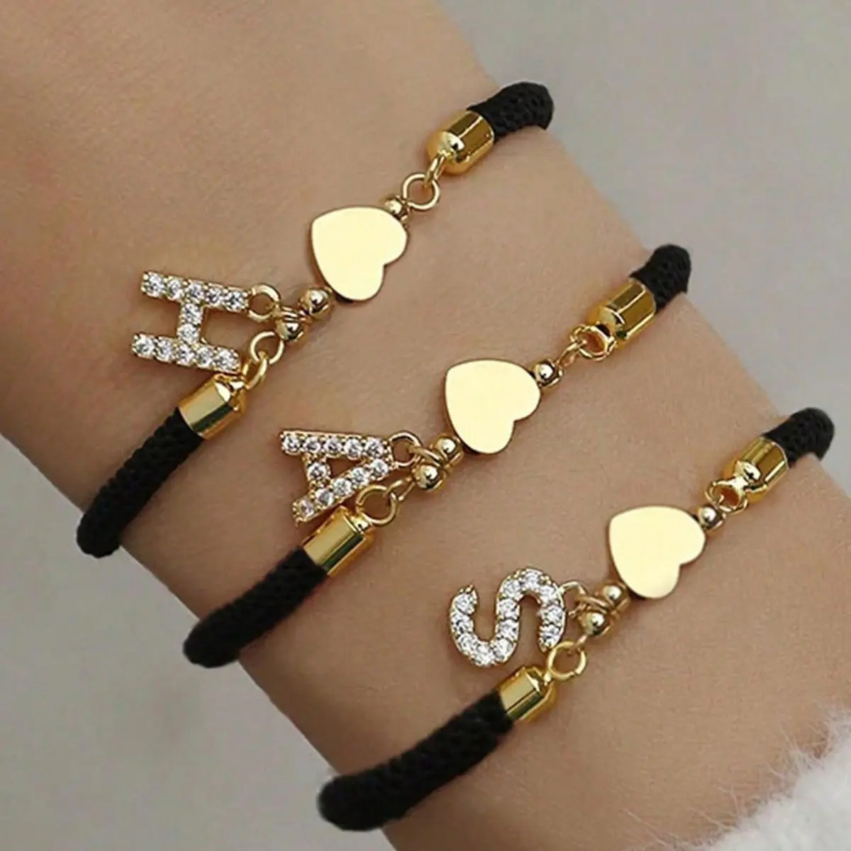 Minimalist Initial Heart Bracelet, 18K Gold Plated Stainless Steel Tiny Heart Letter White/Black String Cubic Zirconia Letter A-Z Pendant Bracelets for Women Men Handmade Jewelry Matching Couple Bracelets