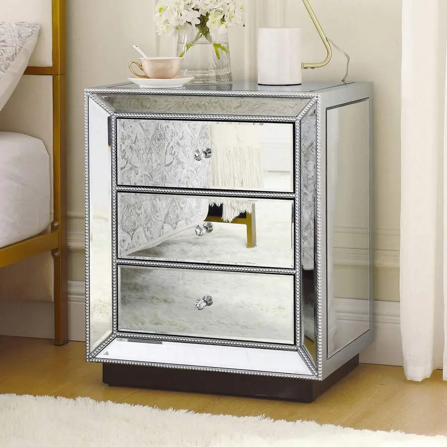 Silver Mirrored With Crystal Handles Nightstand, 3 Drawer Mirror Accent Cabinet With Pearl Trim, Modern Glam Bedside Table With Storage Drawers, Luxury Mirrored End Table Bedroom Living Room Office Hallway, Silver Glass Side Cabinet