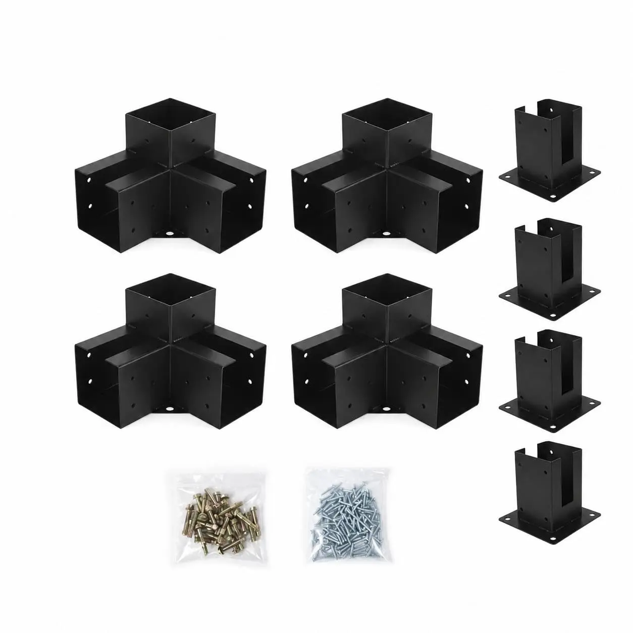 8-Pc 4x4 Pergola Bracket Kit - Heavy Duty 3-Way Corners & Bases - Rustproof Powder-Coated DIY Shed Hardware for Patio Gazebo - Fits 3.7"x3.7"