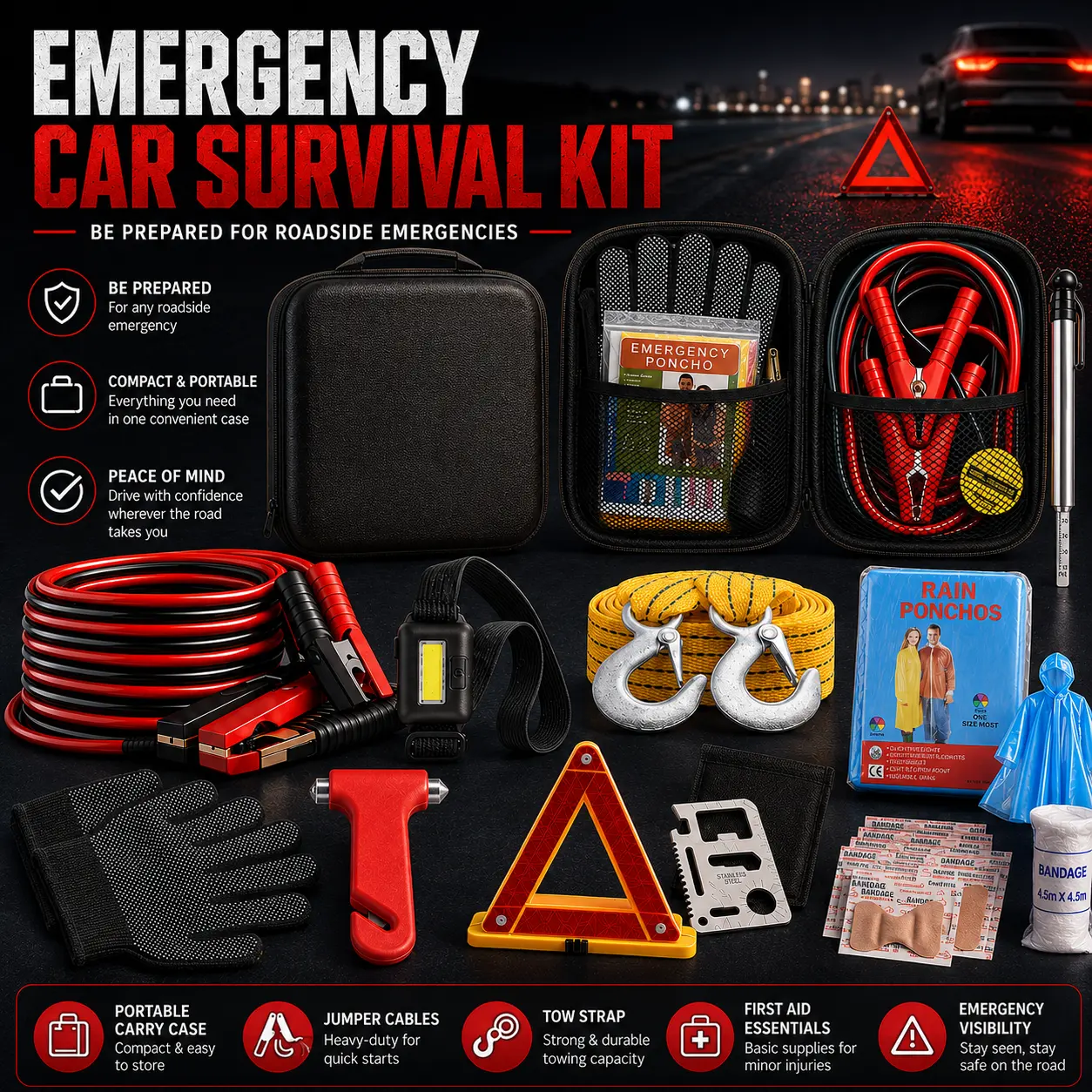Car Roadside Emergency Kit, with Jumper Cables Automotive Kit,Car Safety Roadside Assistance Kit Headlamp,Tow Straps, Safety Hammers, Rainwear, Gloves.Black