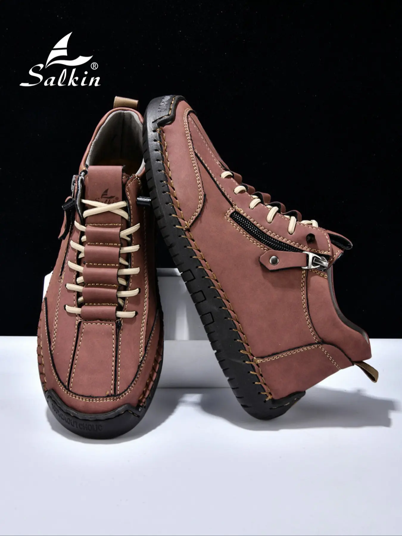 Salkin Men's Handcrafted Classic Fashion Boots, Casual Low Top Side Zip and Drawstring Design, Side Zip Convenience, Ultimate Comfort for All-Day Wear, Available in Plus Sizes and Multiple Colors, Plus Size Options