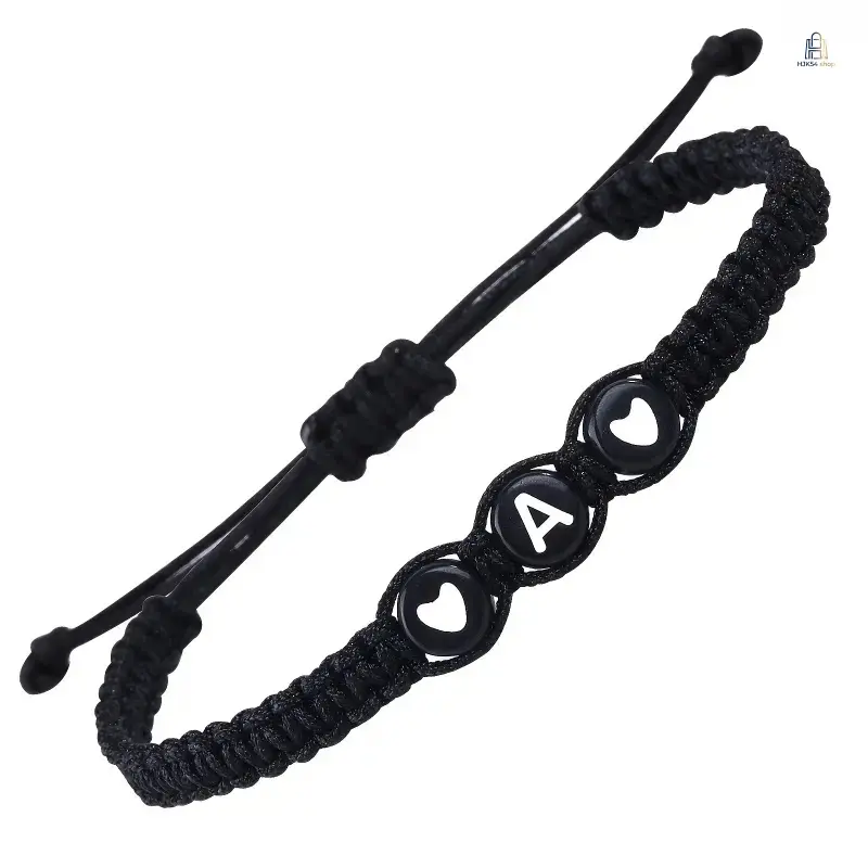 Handmade Acrylic Braided Bracelets - Black White Double Heart, 26 Initial Letters, Adjustable Stackable Couple Matching Fashion Jewelry for Women Teens, Daily Wear Gift, All Seasons, S, Initials, Unisex, Accessories For Women, Bulk Wholesale Option