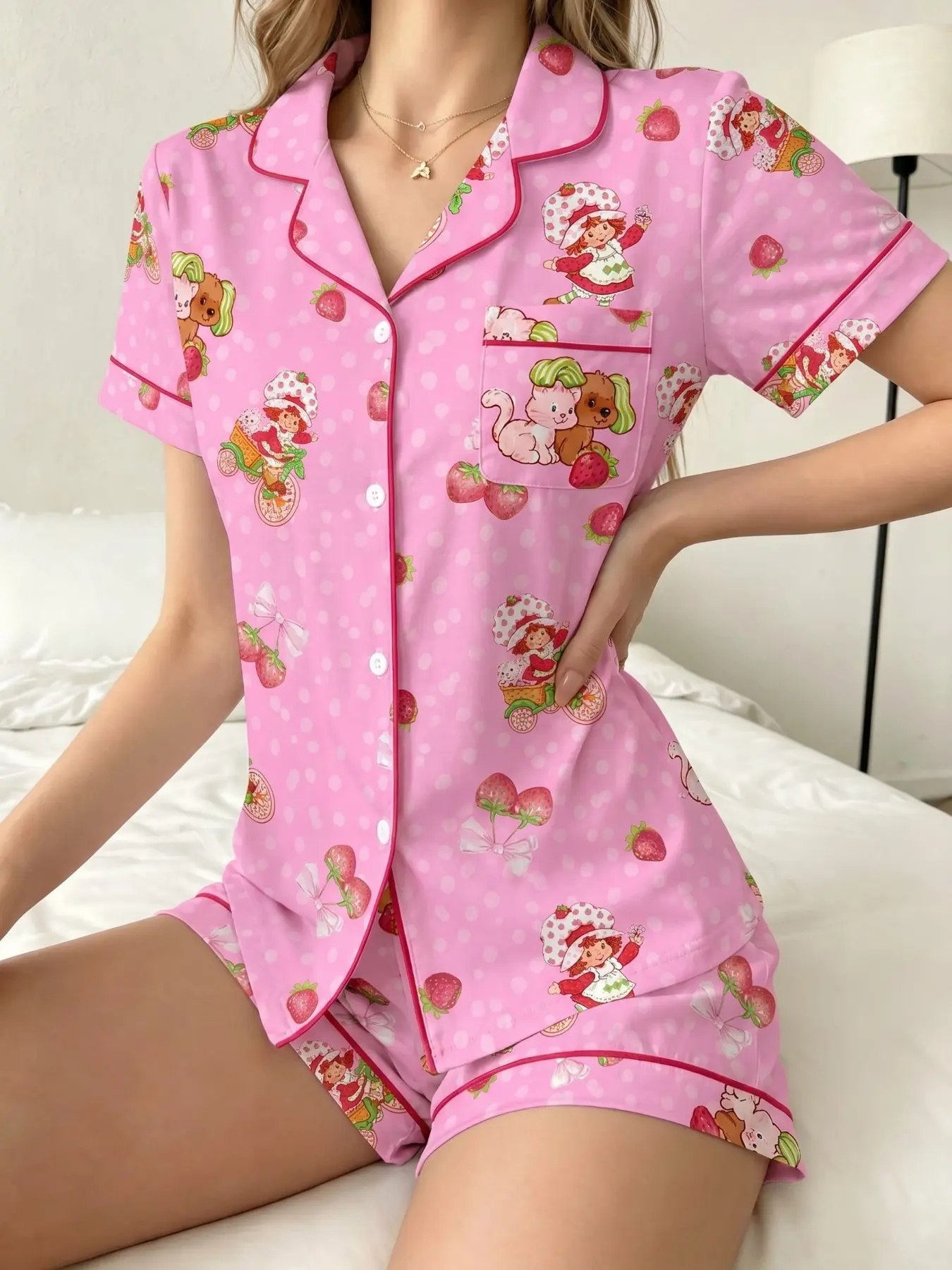 Women's Pajama Set, Strawberry Shortcake Pattern, Print, Comfortable Nightwear, Loungewear, Soft Fabric, Casual Pajama Set, Loose-Fitting, Daily Wear, Loungewear Shorts Sets, Pj Set